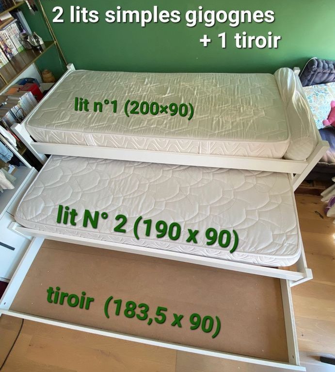 Lit gigogne IDRIS (2 lits simples et 1 tiroir)